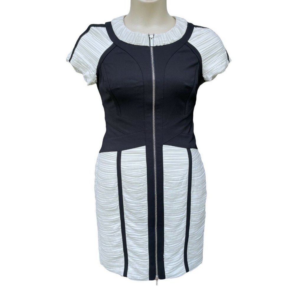 Designer Karen Millen Ruched Zipper Modern Y2K Dress Size 8 Posh Spice Retro